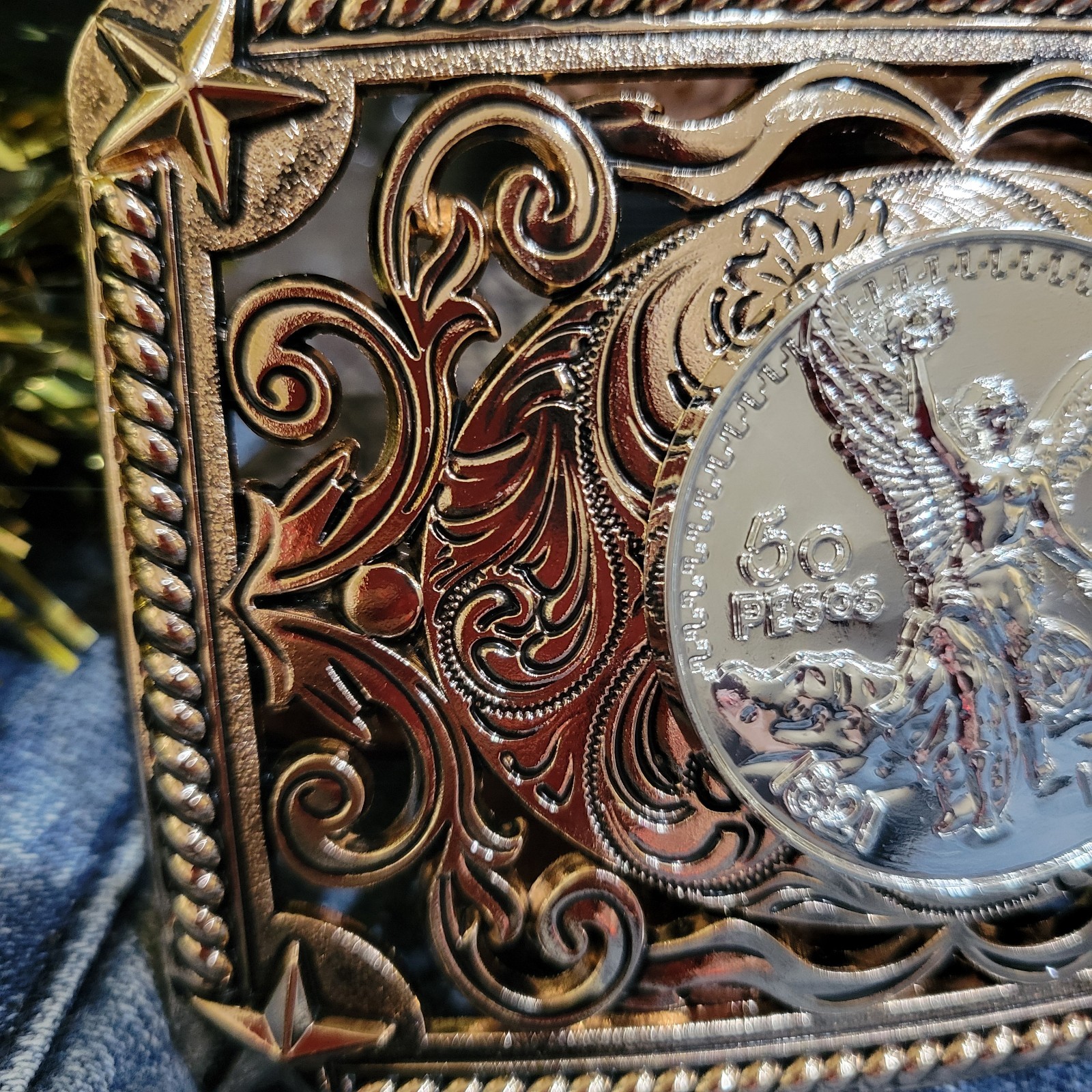 Centenario Cowboy Belt Buckle Western Rodeo Silver Rosetone Coin Rectangle
