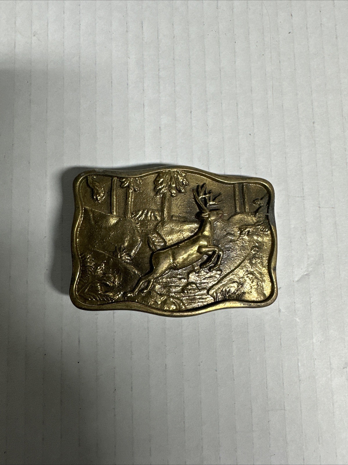 Vintage 1978 BTS Solid Brass Deer in the Woods Belt Buckle