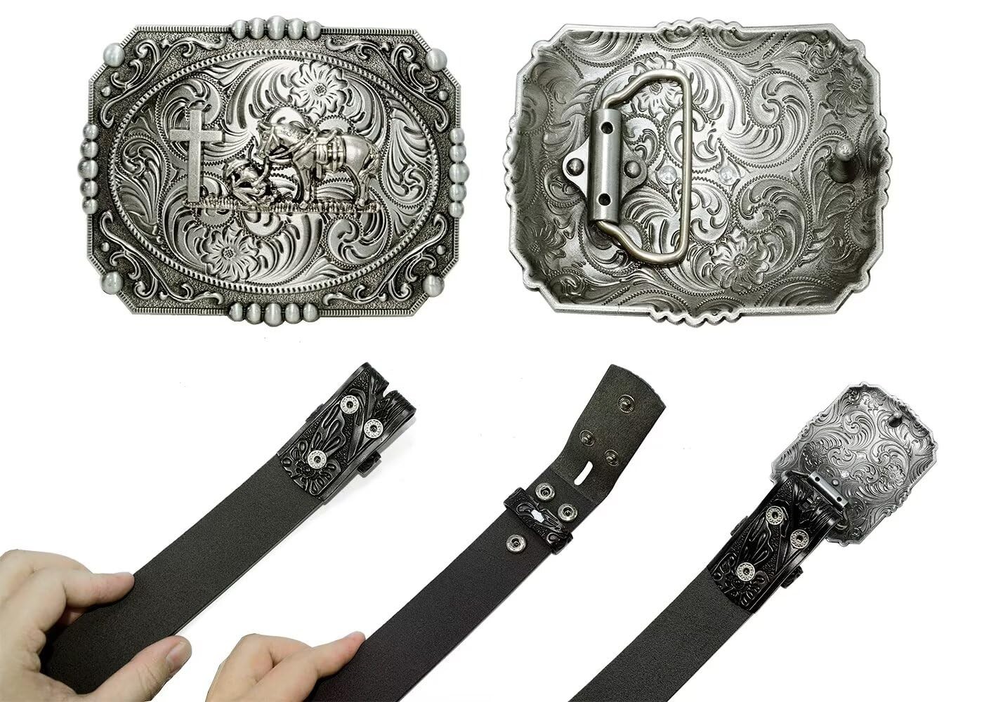 GURANSE Cowboy Belts 105CM(waistline:34&Prime;-36&Prime;), Acanthus Prayer Silver