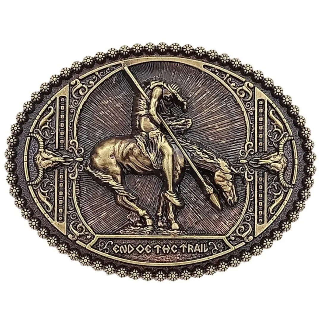 End of the Trail Belt Buckle Western Native American Horse Brass Bronze Oval NWT