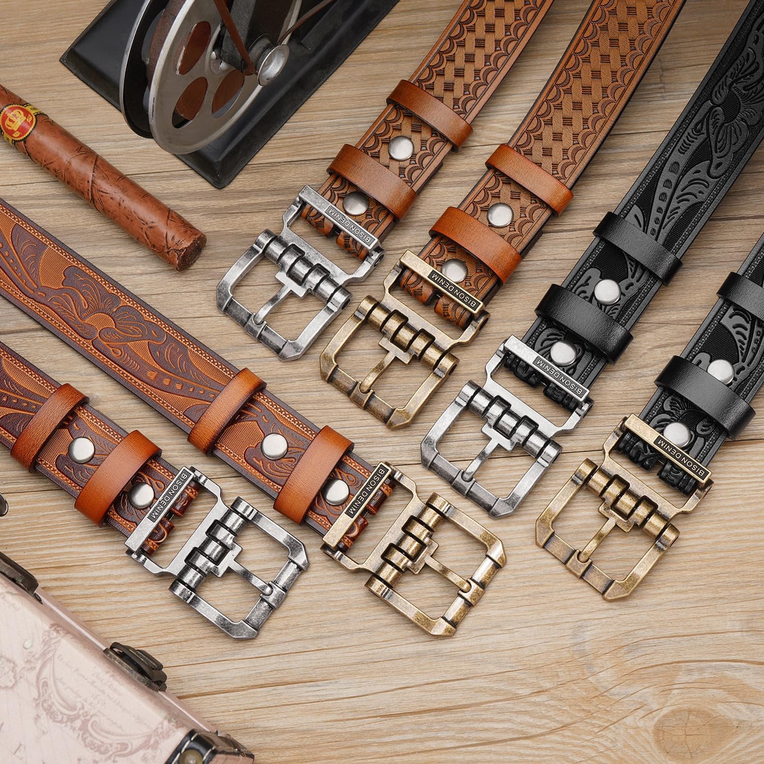 BISON DENIM Men&rsquo;s Genuine Leather Belt, 33&Prime;-36&Prime;, Golden Buckle-brown Belt