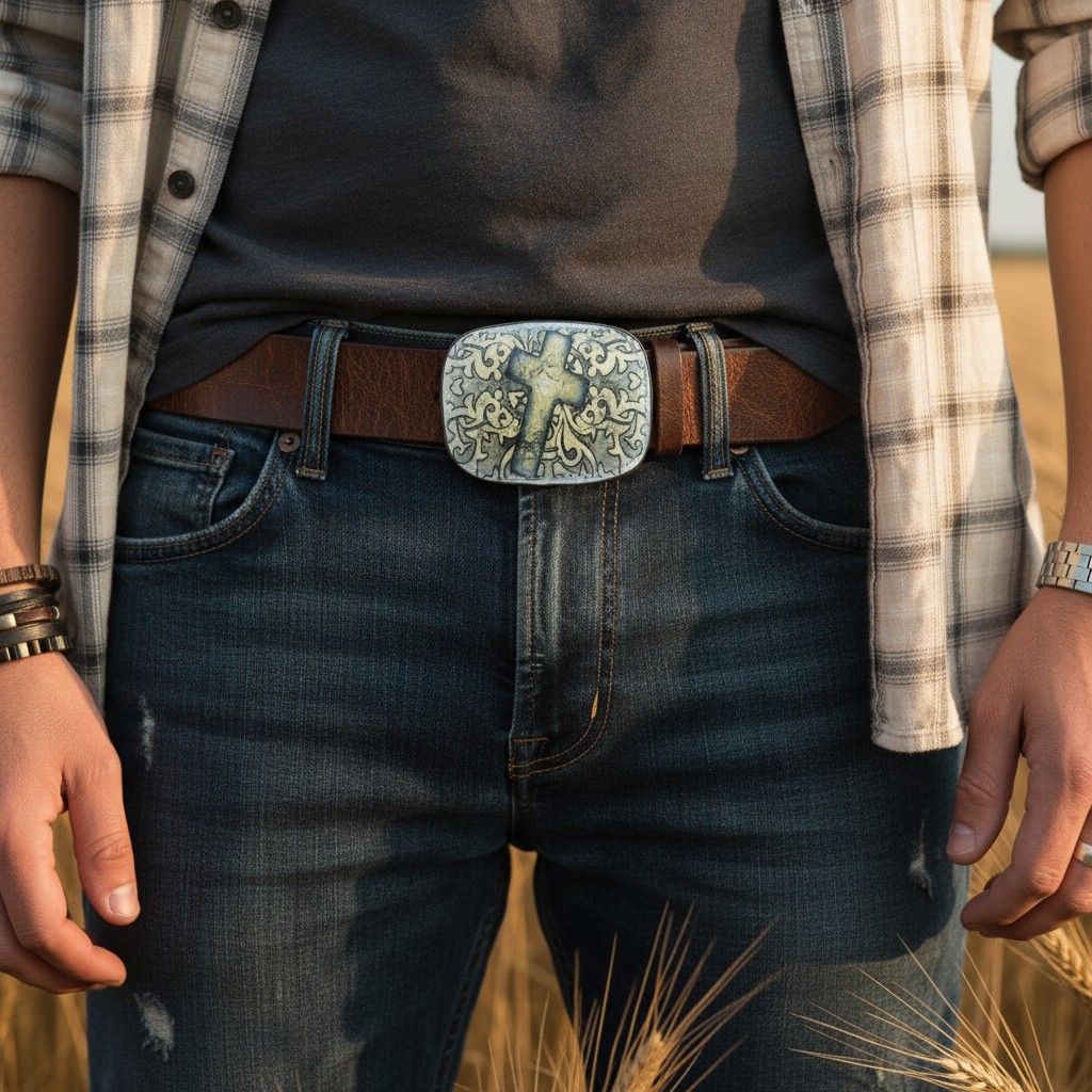 Men Women Belt Buckle Black Faux Leather Religious Cross Western Weekend Style