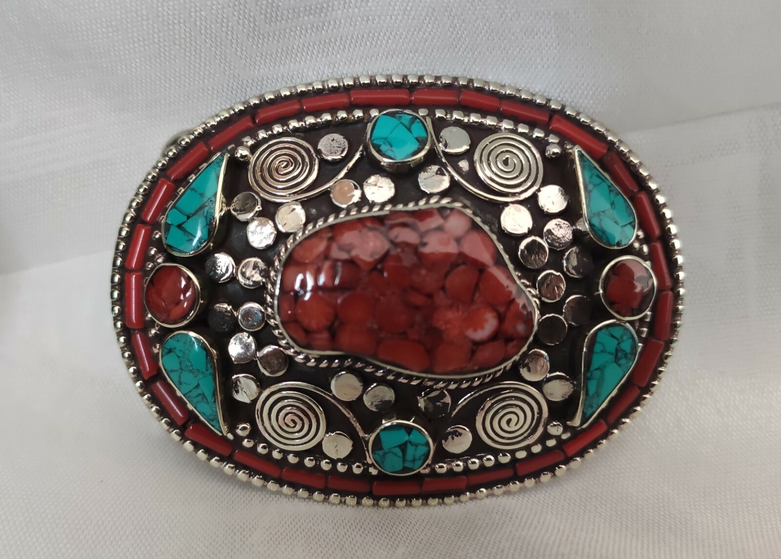 B46 Tibetan Silver Belt Buckle Leather waist trap Clasp Turquoise Coral