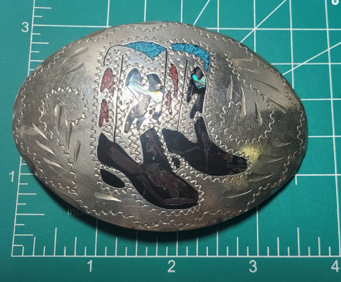 Vintage Native Made Inlaid Turquoise & Coral Cowboy Boots Silver Belt Buckle Lot