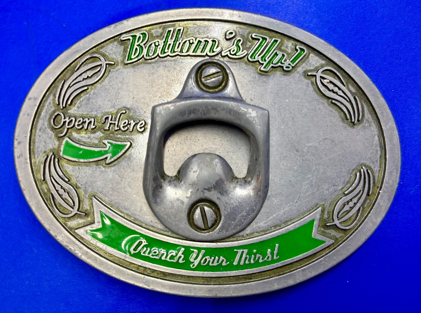 Bottom&rsquo;s Up! Open Here Quench Your Thirst Belt Buckle with Bottle Opener