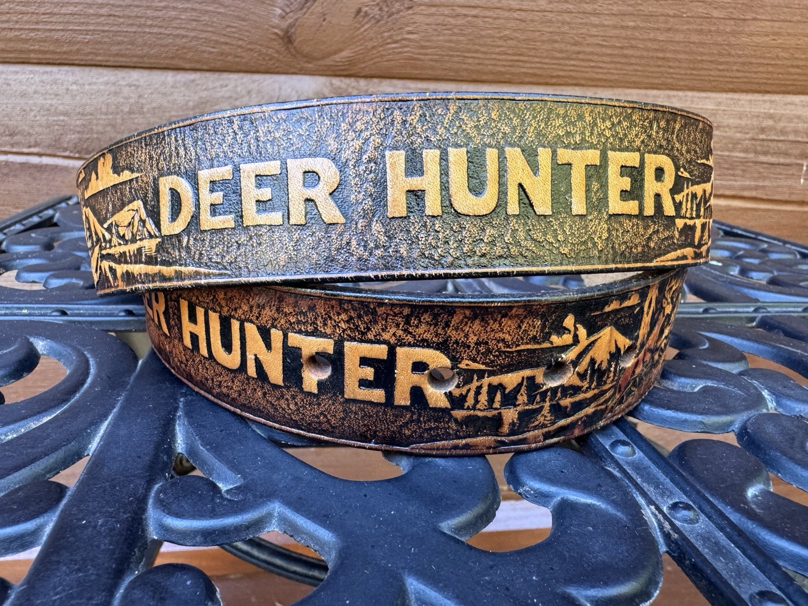 VTG SOLID BRASS INDIANA METAL CRAFT BELT BUCKLE With Tooled Belt Deer Hunters 34