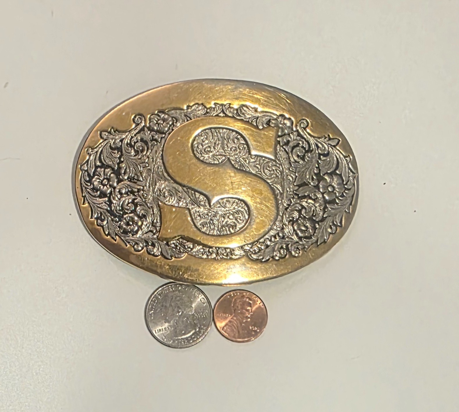 Vintage Metal Belt Buckle, Brass, Initial S, Letter S, Nice Western Style Design