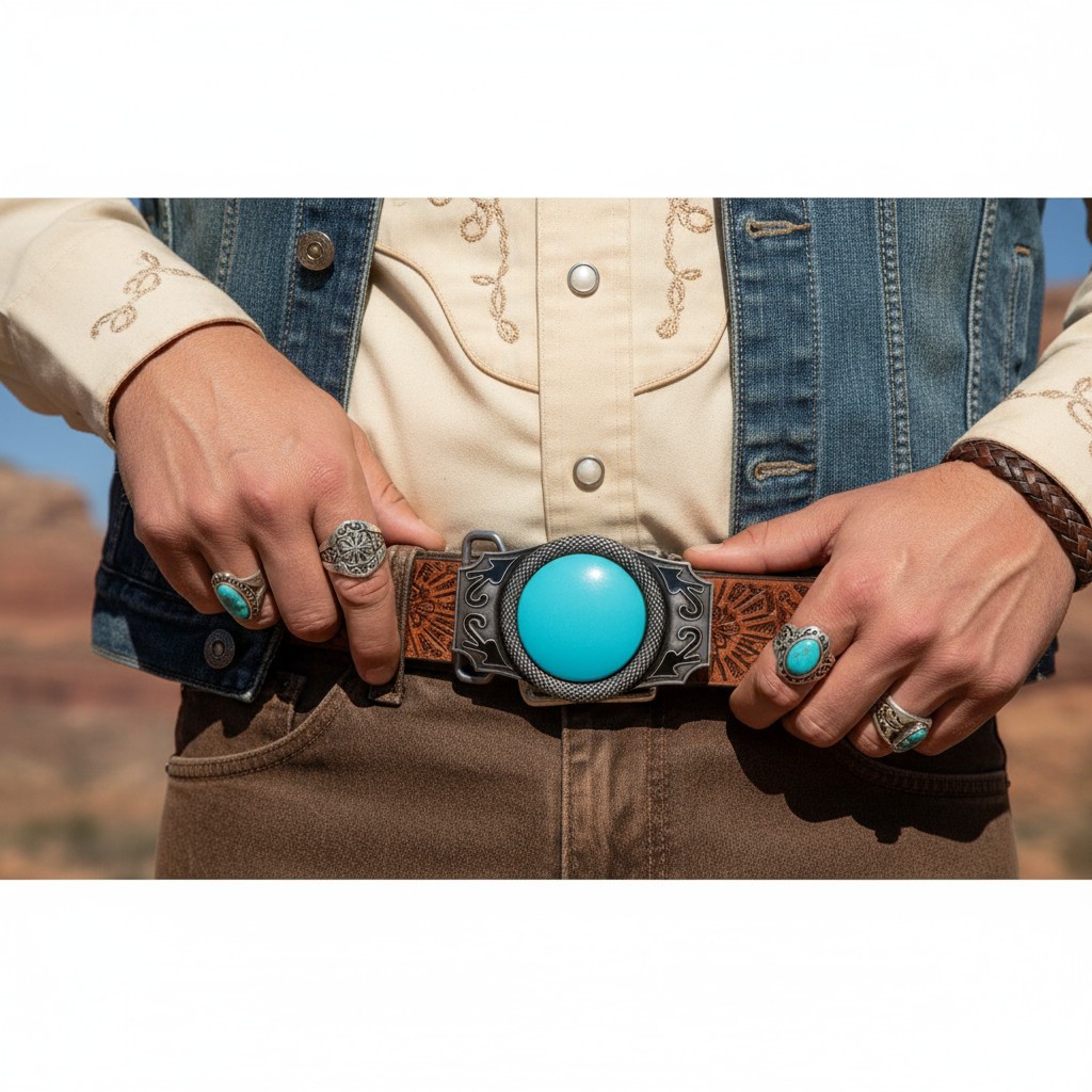 Men Women Western Fashion Belt Buckle Silver Metal Turquoise Blue Bead Festival