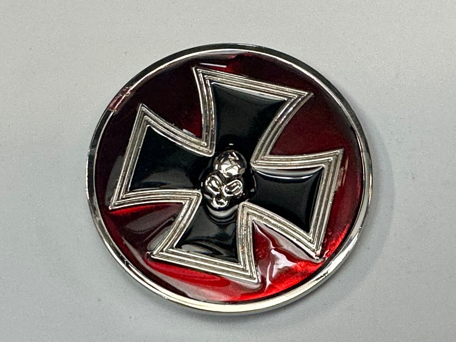 Enamel Round Iron Maltese Cross With Centered Silver Color Skull Belt Buckle