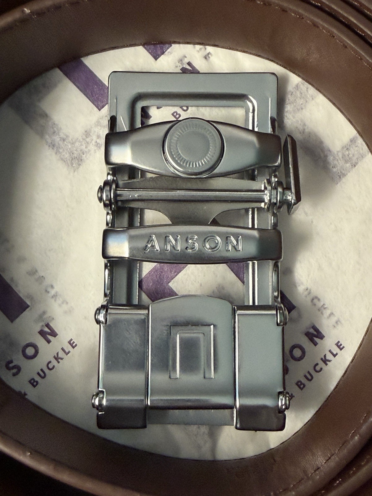 NIB Anson Belt Strap Buckle Holeless Ratcheting 55&Prime; Brown Buffalo Tanned Leather
