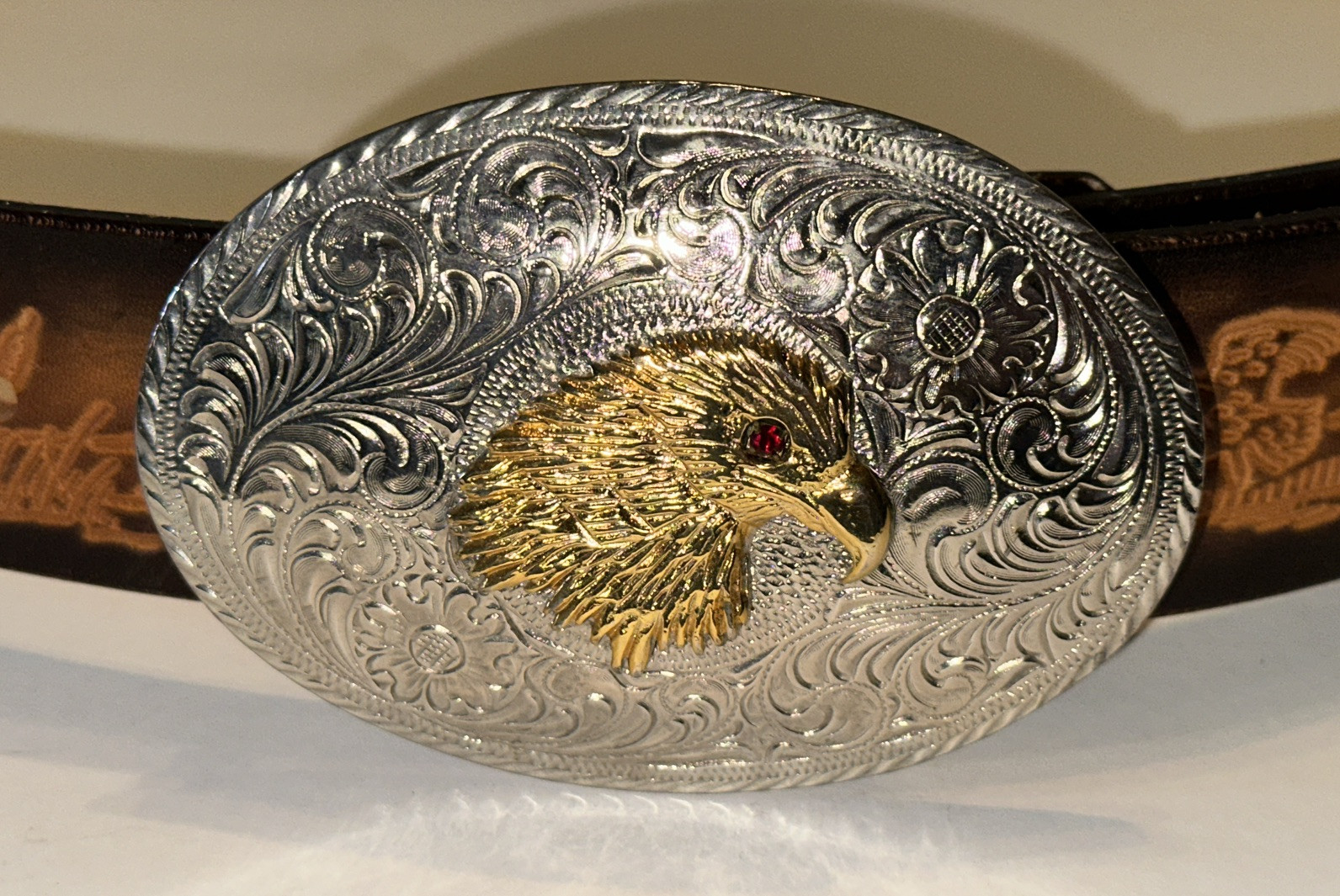 Tooled Leather Belt Size 30 Duck Hunting Crumrine Bronze Eagle Eye Gem Buckle