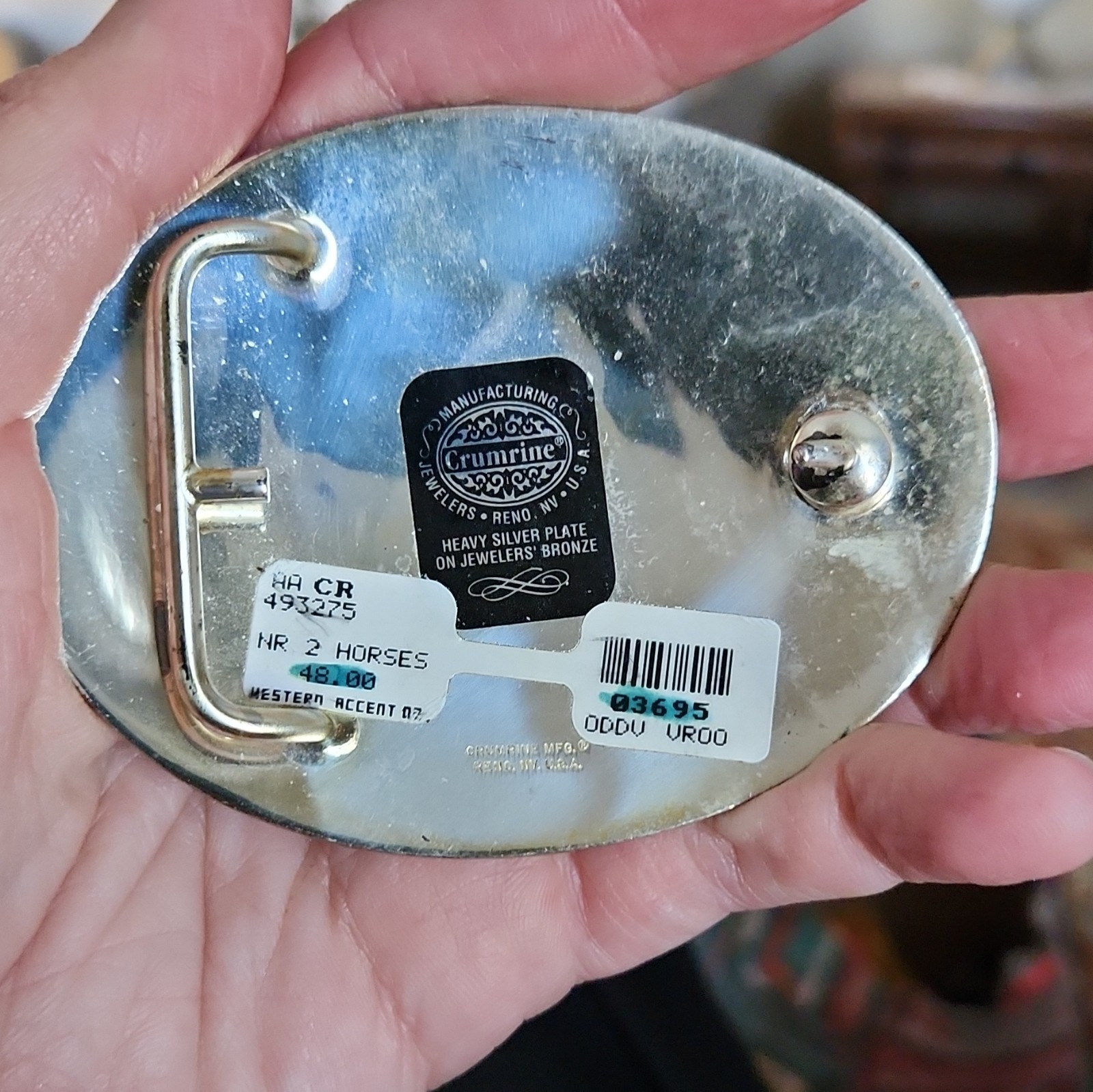 Crumrine Two-Tone Silver/Gold Oval Western Cowboy Horse Floral Belt Buckle 1.5&Prime;