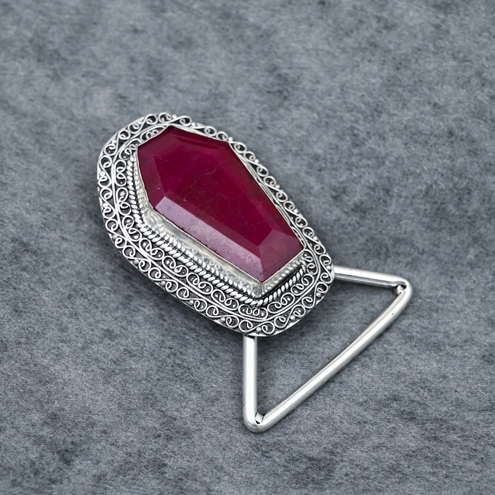 Handcrafted 925 Sterling Silver Natural Ruby Faceted Coffin Cut Belt Buckle