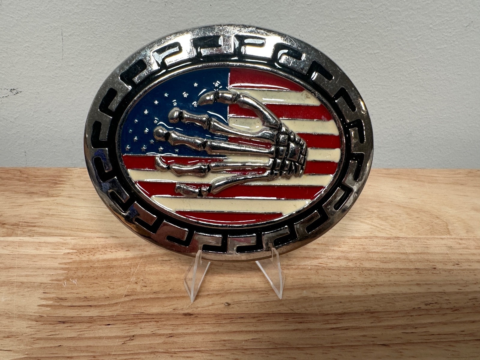 Men Silver Color Belt Buckle Skull Skeleton Hand USA Flag United States America