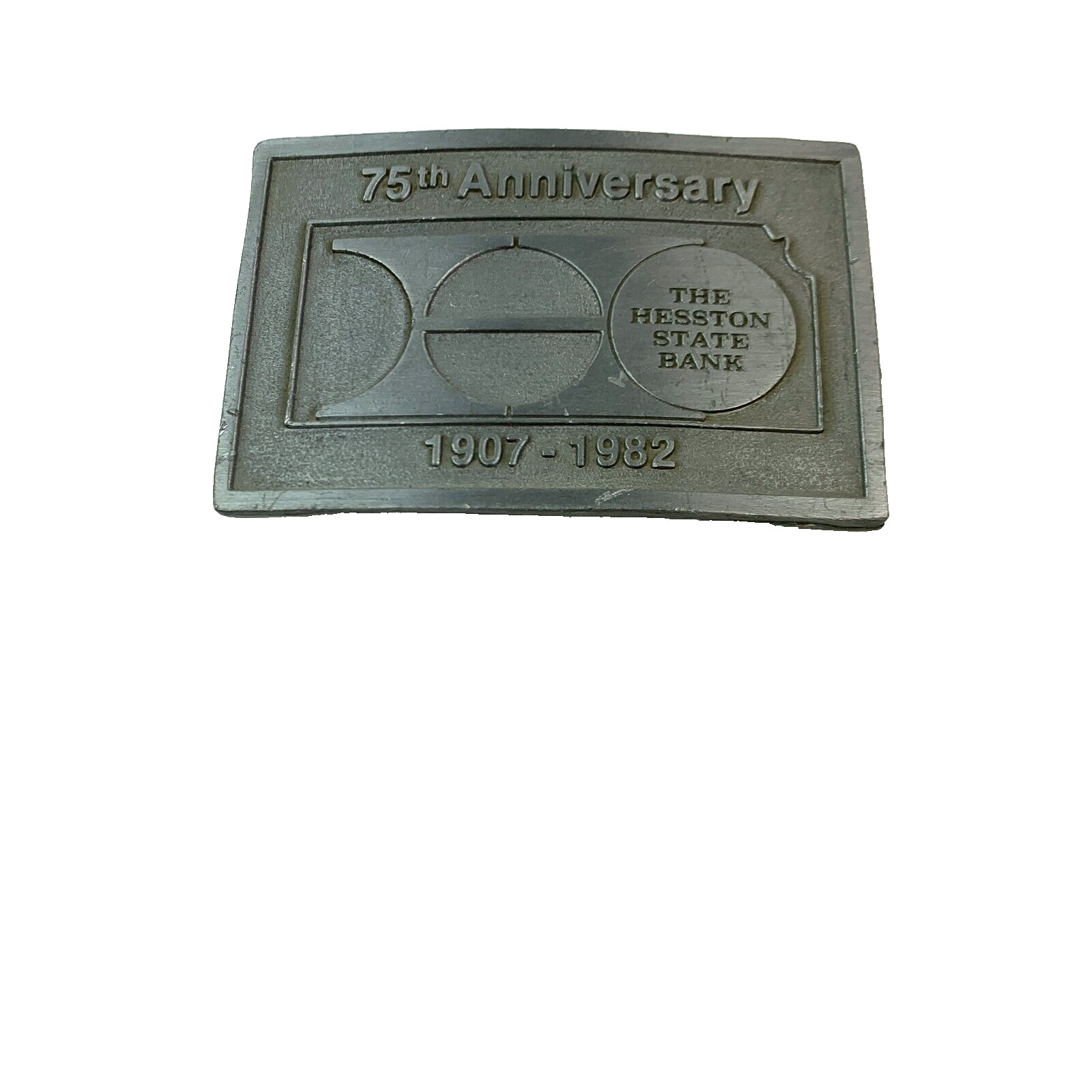 The Hesston State Bank 75th Anniversary Metal Belt Buckle 1907-1982