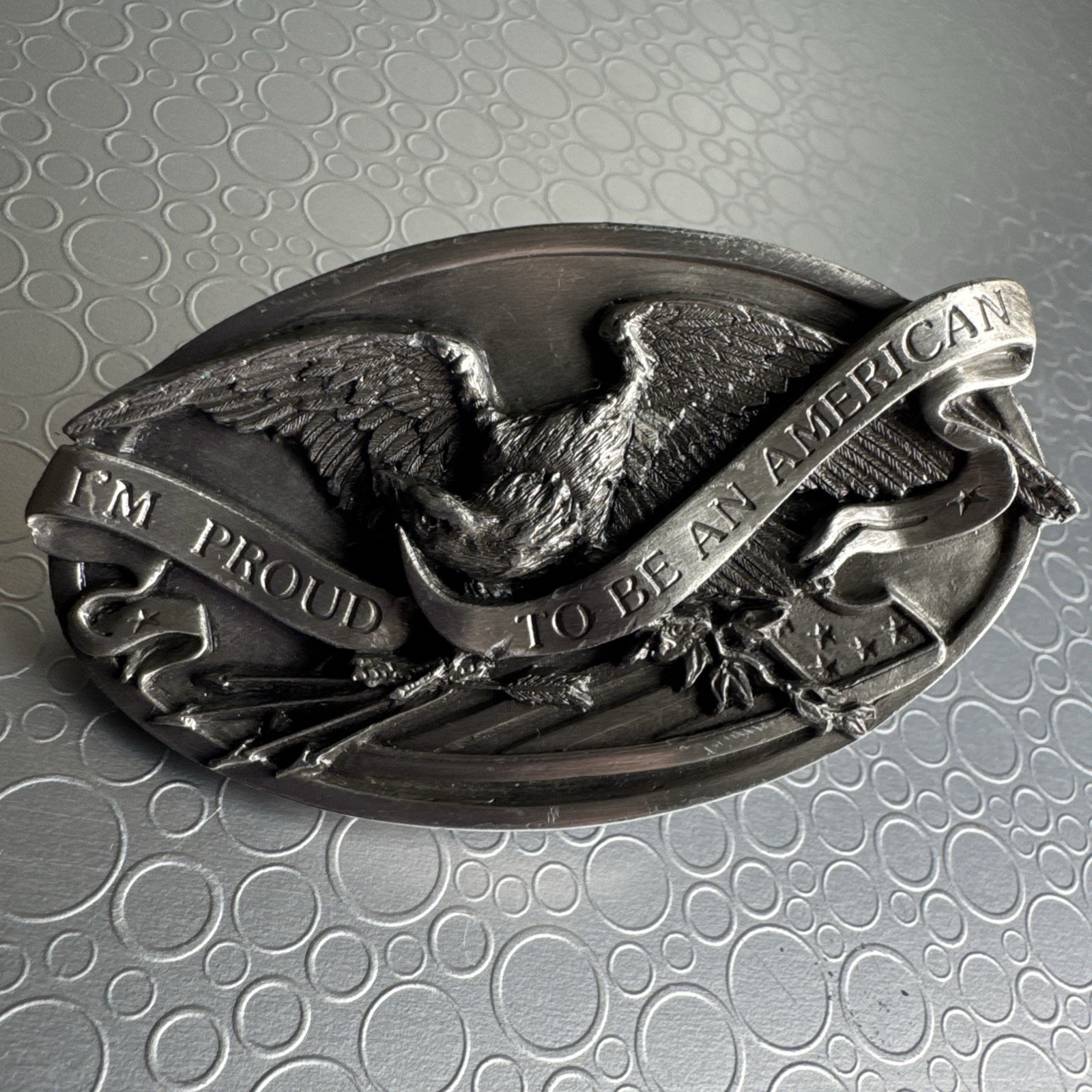 Vintage 1983 Bergamot Brass Works Eagle Belt Buckle Proud To Be An American N146