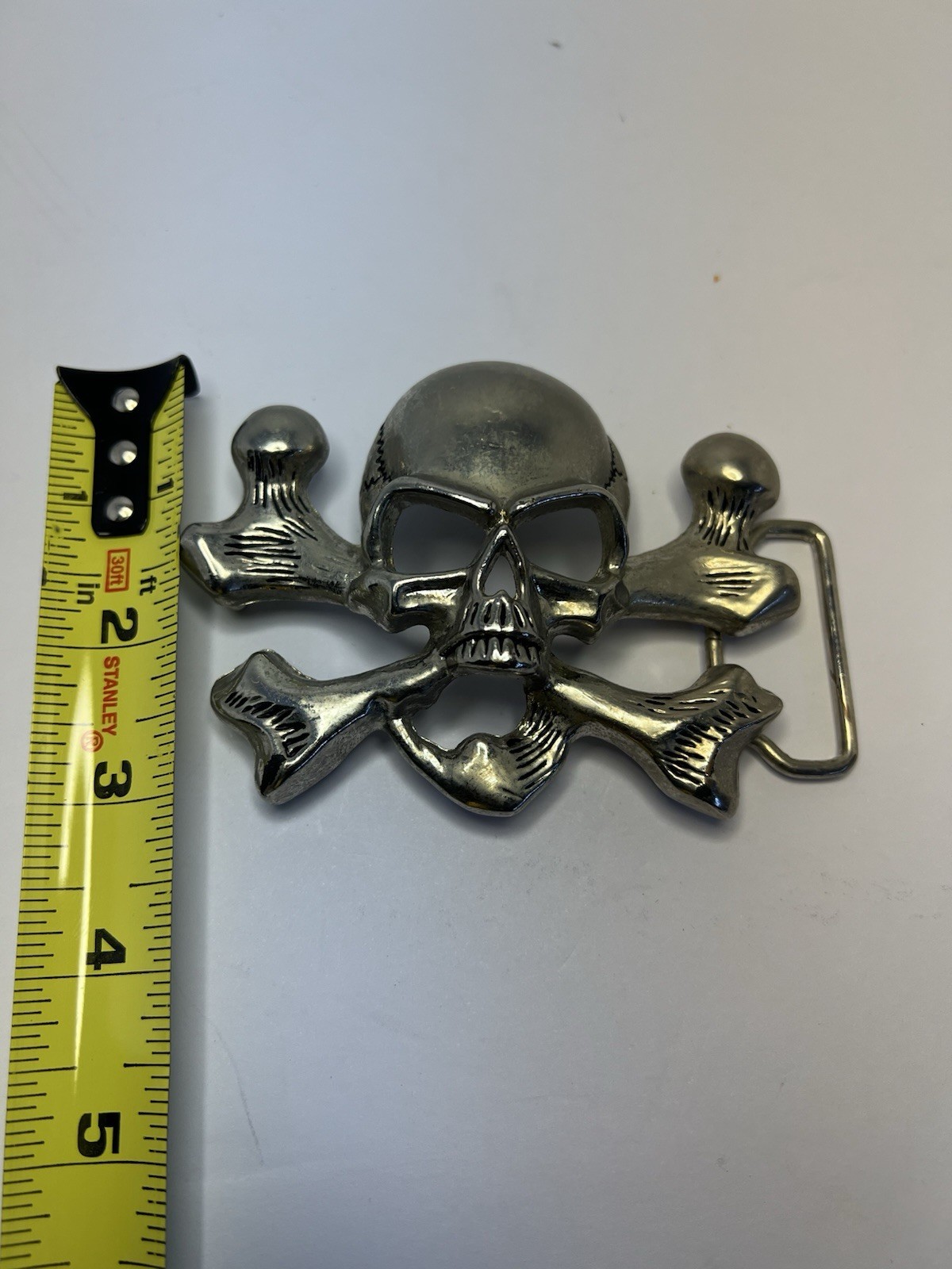 Skull & Crossbones Silver Metal Buckle 3D Raised 1” by 3 1/2” Wide 1 1/2” Belt