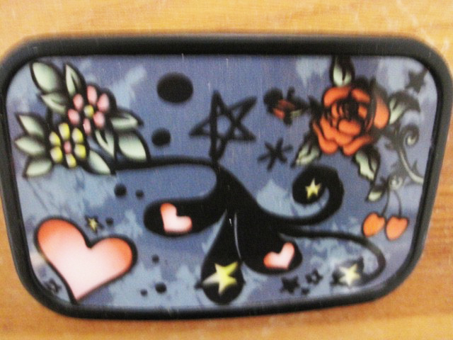 Belt Buckle Black Metal Hearts and Flowers pink gray and black on black metal