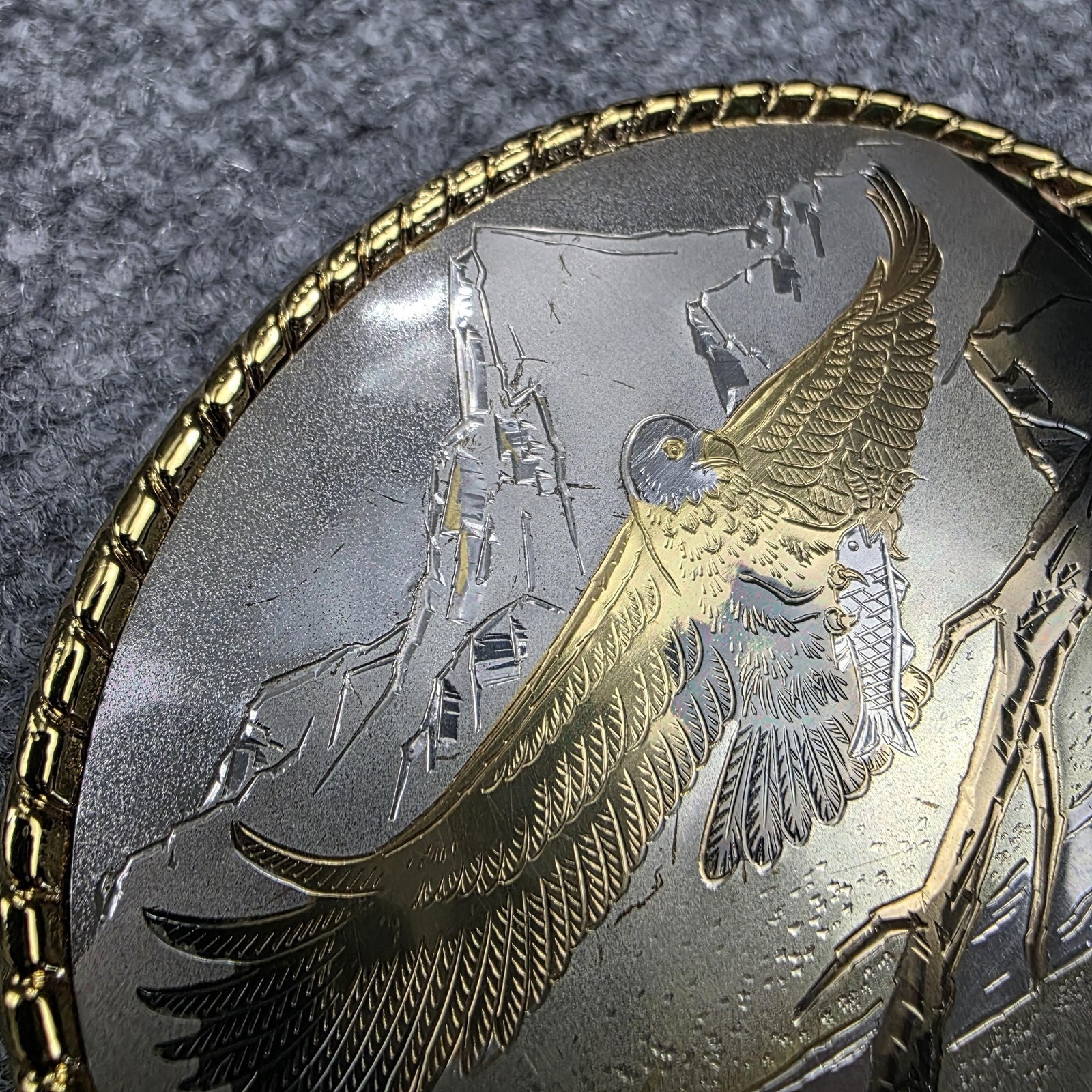 Bald Eagle Mountain Scene Belt Buckle Made in USA Western Gold Trim Wildlife VTG