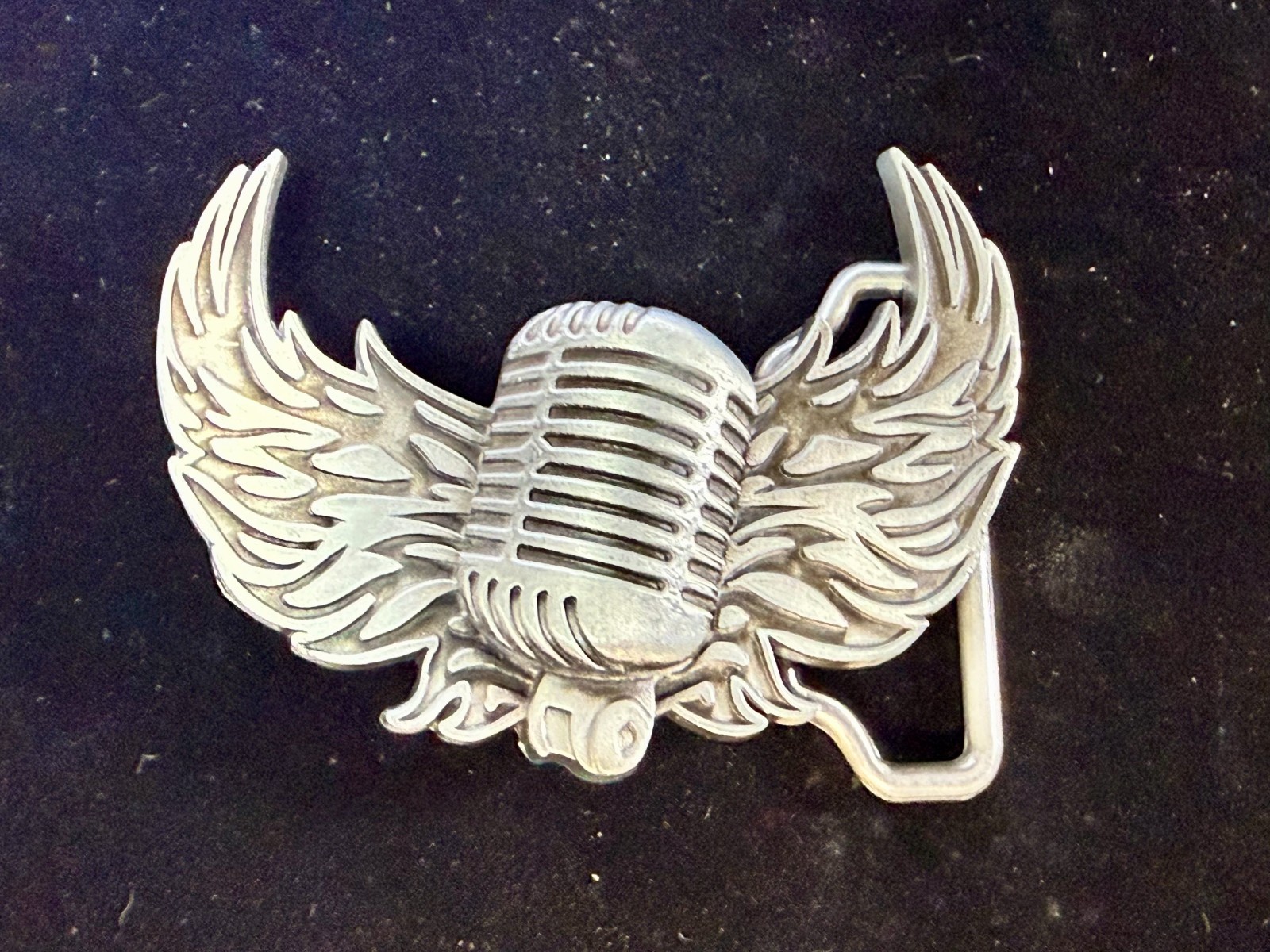 Retro Microphone Flying Mic & Wings Rock Music Silver Color Cutout Belt Buckle