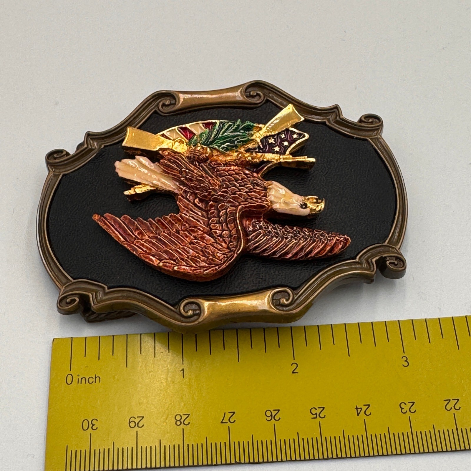 Vintage Eagle Rifle American Flag Belt Buckle Patriotic Western Bronze Tone 3D