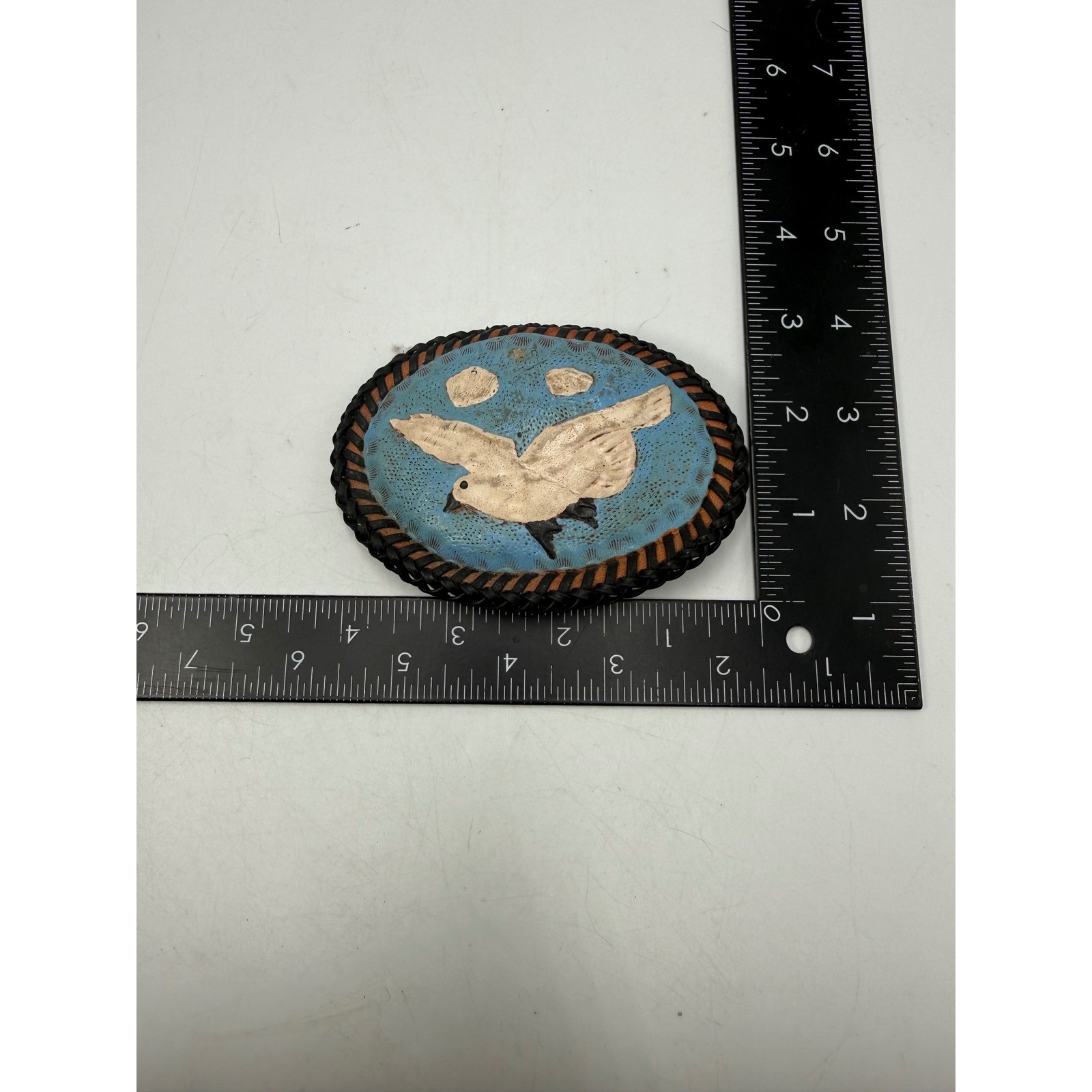 Vintage Hand Painted Leather Bird Belt Buckle Western Boho Braided Whipstitch