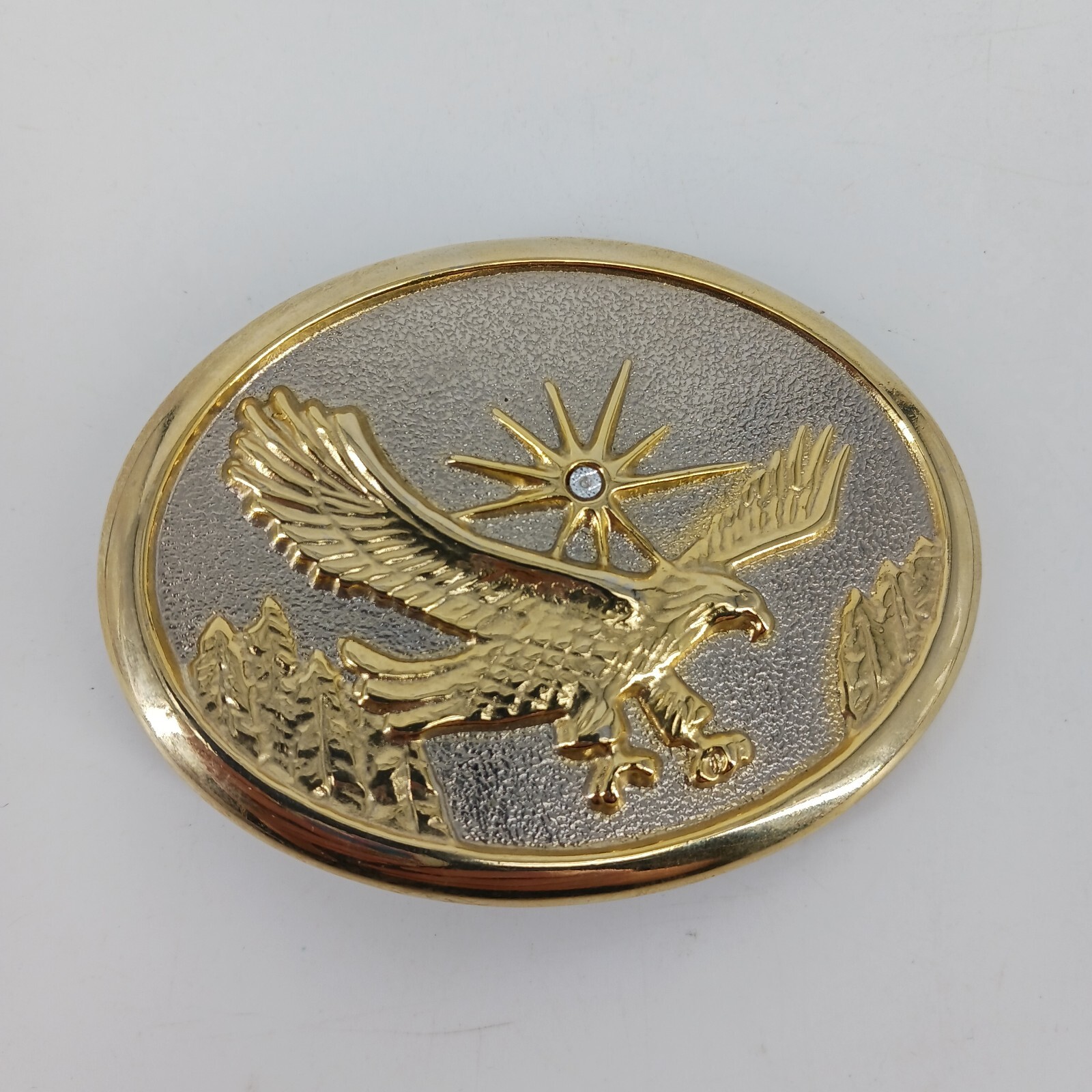 Eagle Hawk Gold & Silver Tone Belt Buckle Oval Shape Clear Rhinestone