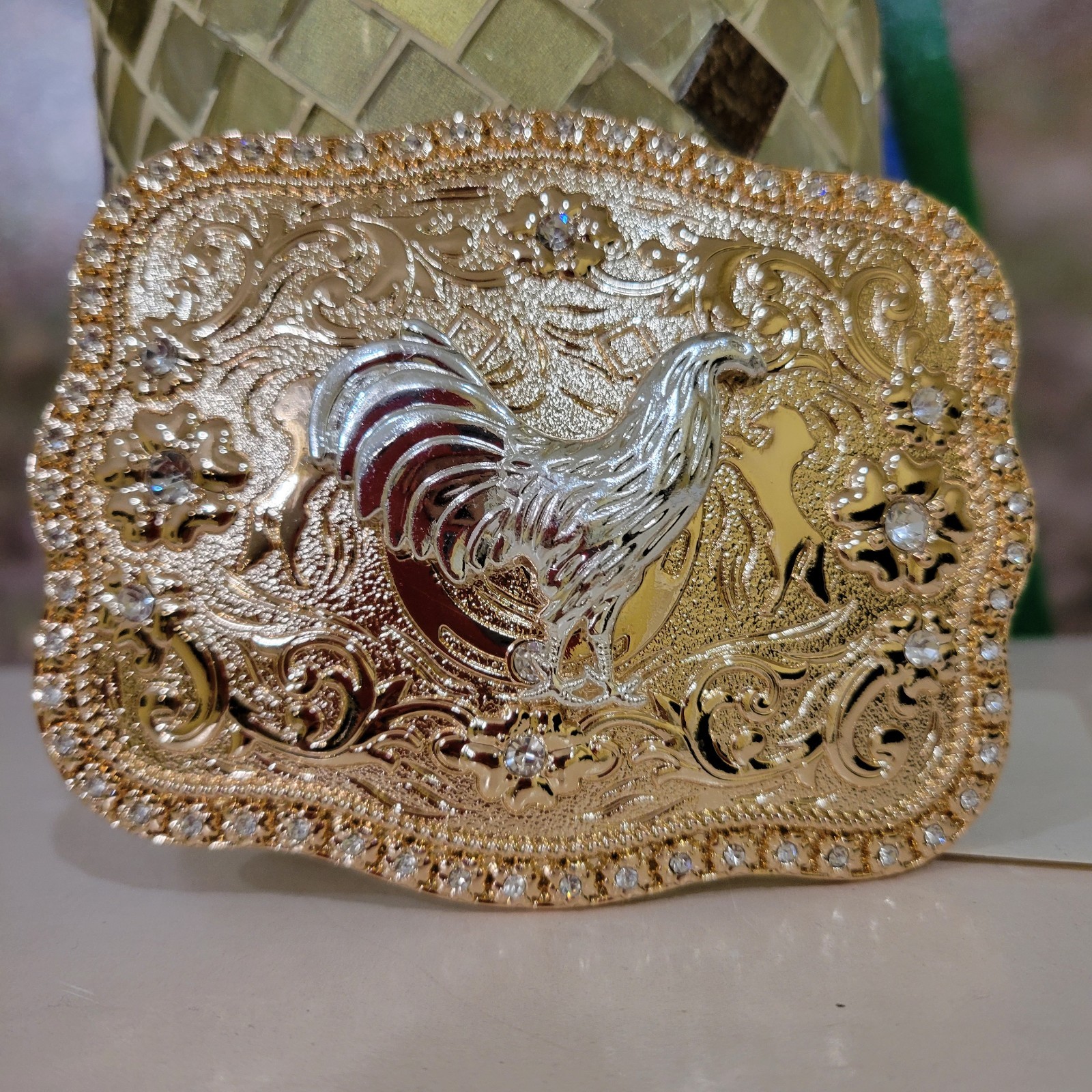 Rooster Cowboy Belt Buckle Western Hebilla Silver & Rosetone Rhinestone 4×3.5&Prime;