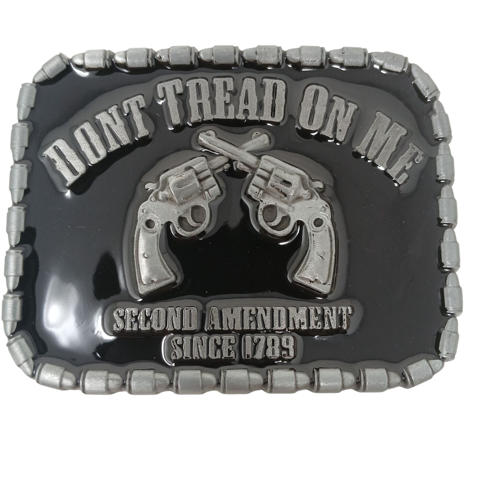 Dont Tread On Me Gun Belt Buckle 3.5 Inch Wide Pewter Tone Black Enamel #M-14