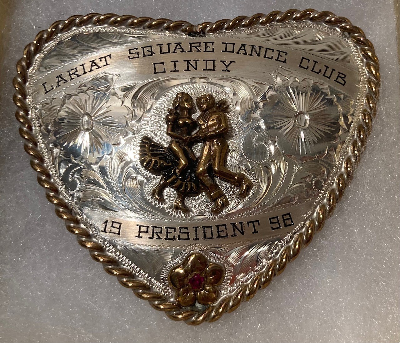 Vintage 1998 Metal Belt Buckle, Nice Silver and Brass, Red Stone, Heart Shape