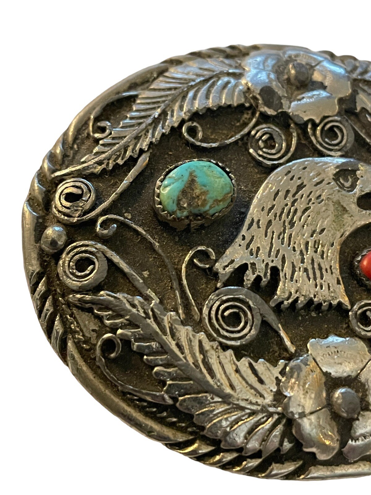 SSI Silver Turquoise Coral American Eagle Feathers Flower Belt Buckle & Bolo Tie