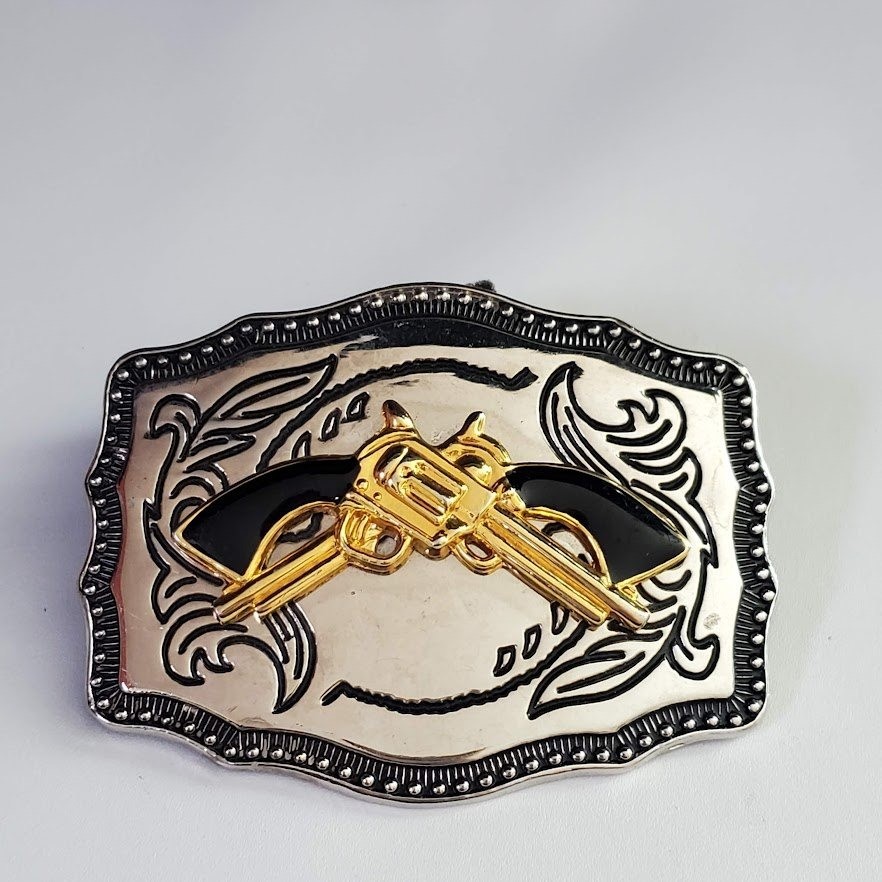 Western Dual Revolver Belt Buckle Silver Gold Tone Engraved Scroll Edge