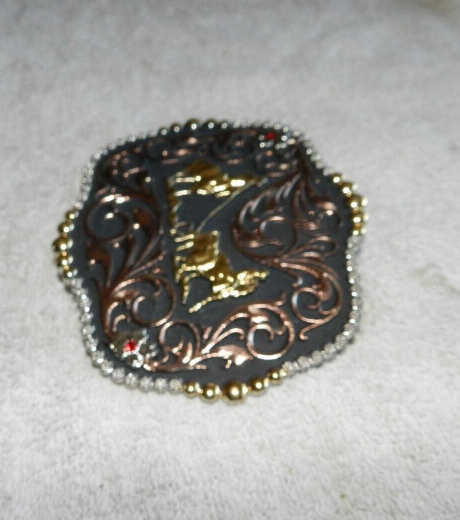 Montana Silversmiths Western Buckle Scalloped Team Roper Black Inlaid Multicolor