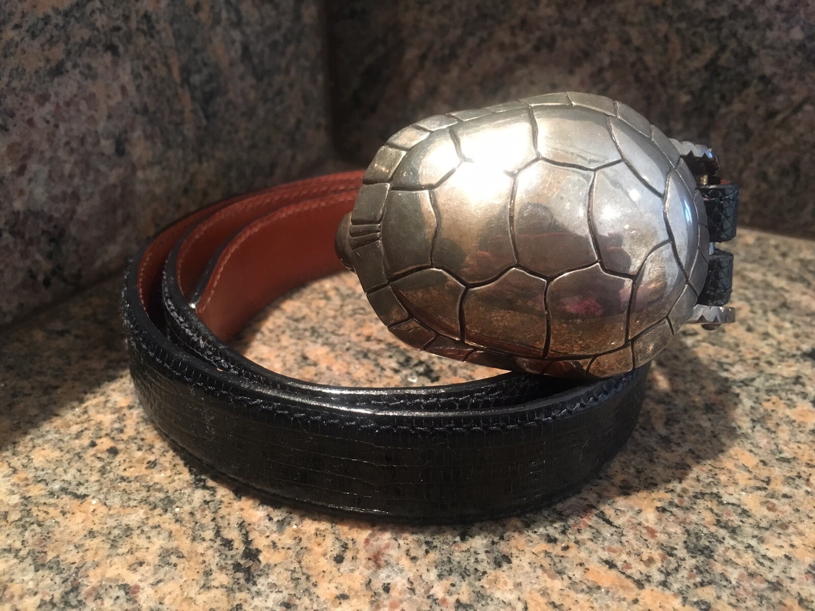 RARE!!! Kieselstein Cord Silver Turtle Buckle With Black Lizard Belt Size 2