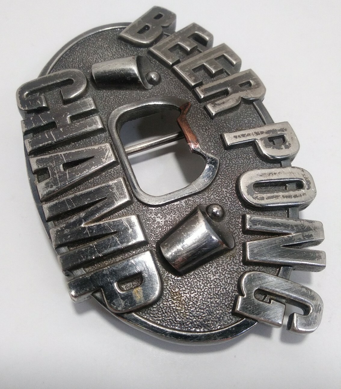 Beer Pong Champ Belt Buckle Bottle Opener Heavy Silvertone Metal Cup Ball Design