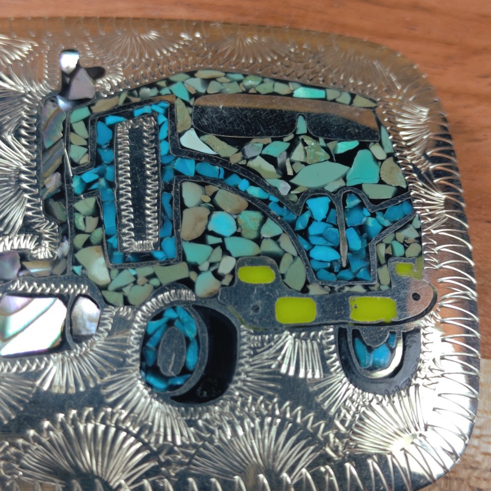 Western Native Engraved Turquoise Abalone Inlay Semi Truck Cowboy Belt Buckle