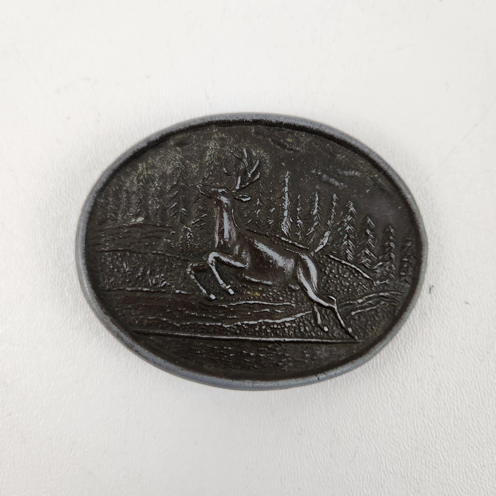 Deer Scene Belt Buckle Mens Silver Western Metal Oval Hunting Wildlife Country