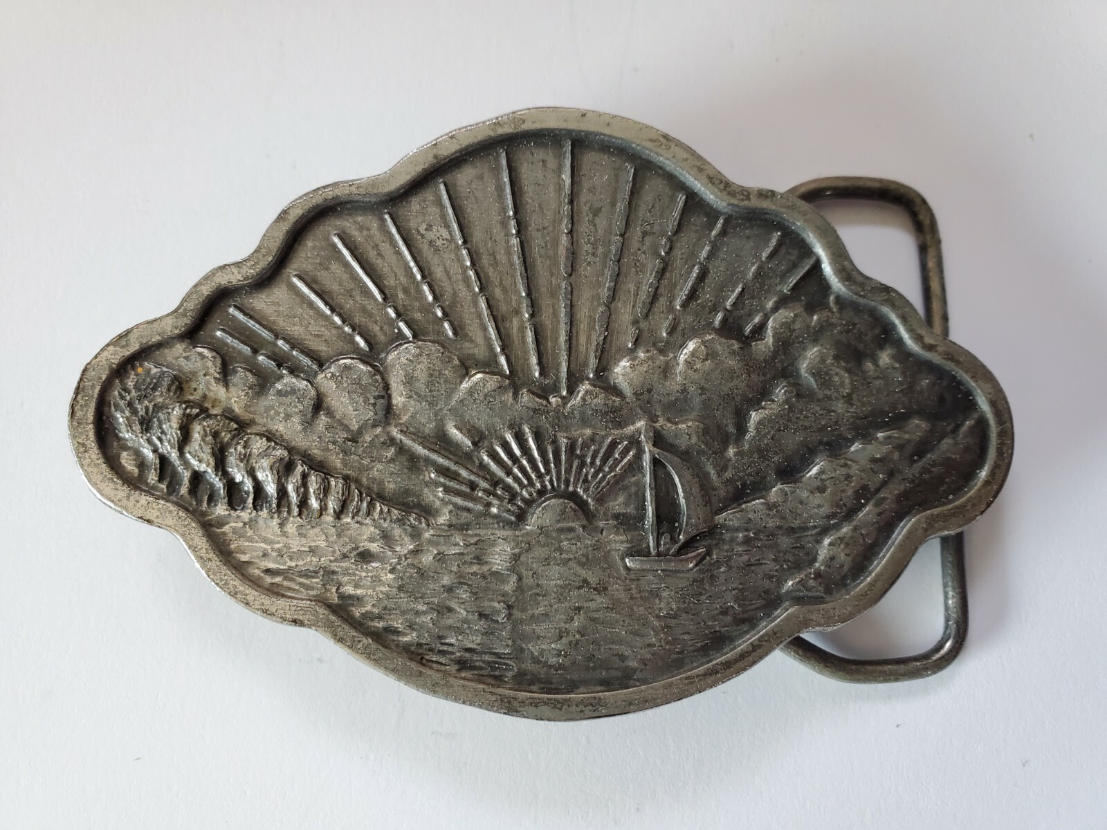 Vintage Bergamot Brass works Sailing boat Sunset Belt Buckle 1977 D-48