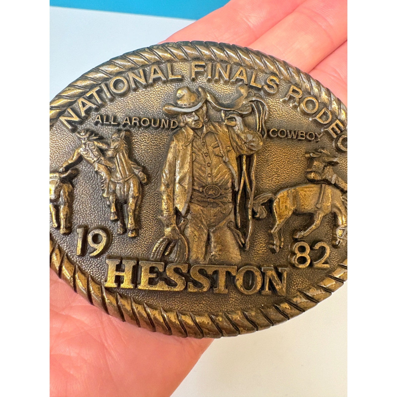 Vtg 1982 Hesston National Finals Rodeo Belt Buckle NFR All Around Cowboy Brass