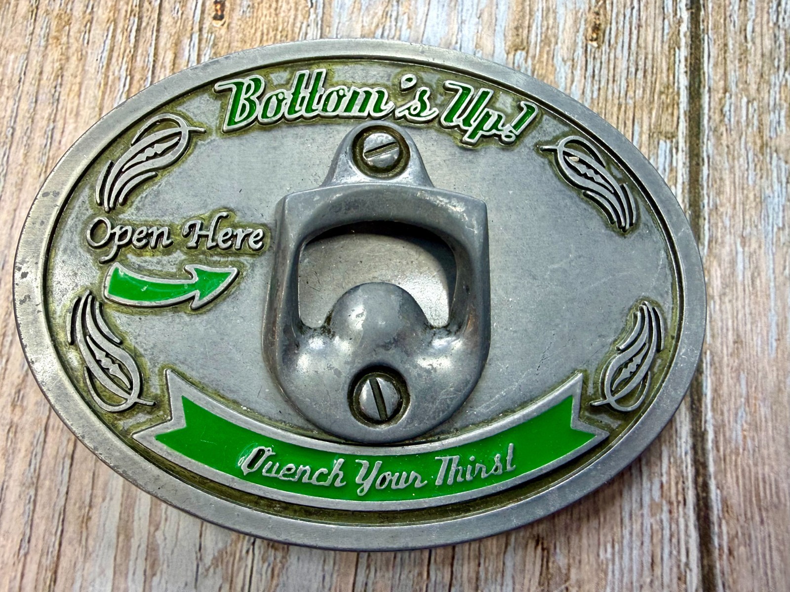 Bottom&rsquo;s Up! Open Here Quench Your Thirst Belt Buckle with Bottle Opener