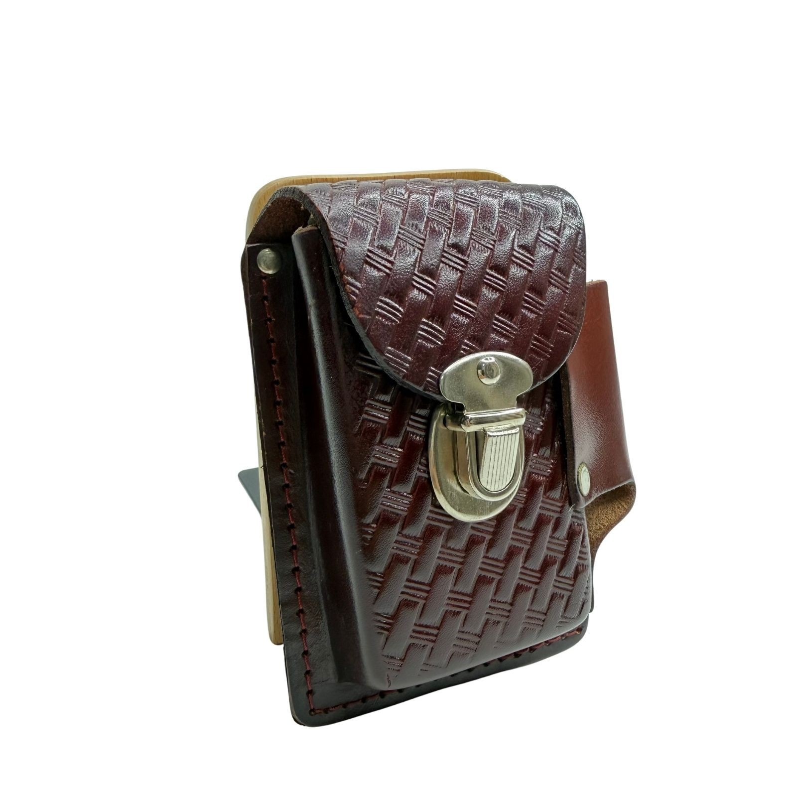 Vintage Genuine Leather Phone Holster Case Basket Weave Brown Made in USA