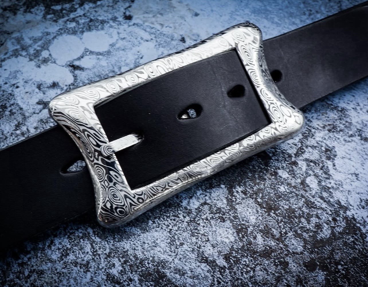One-off customized 1.5” Damascus Steel Buckle With English Bridal Leather Belt