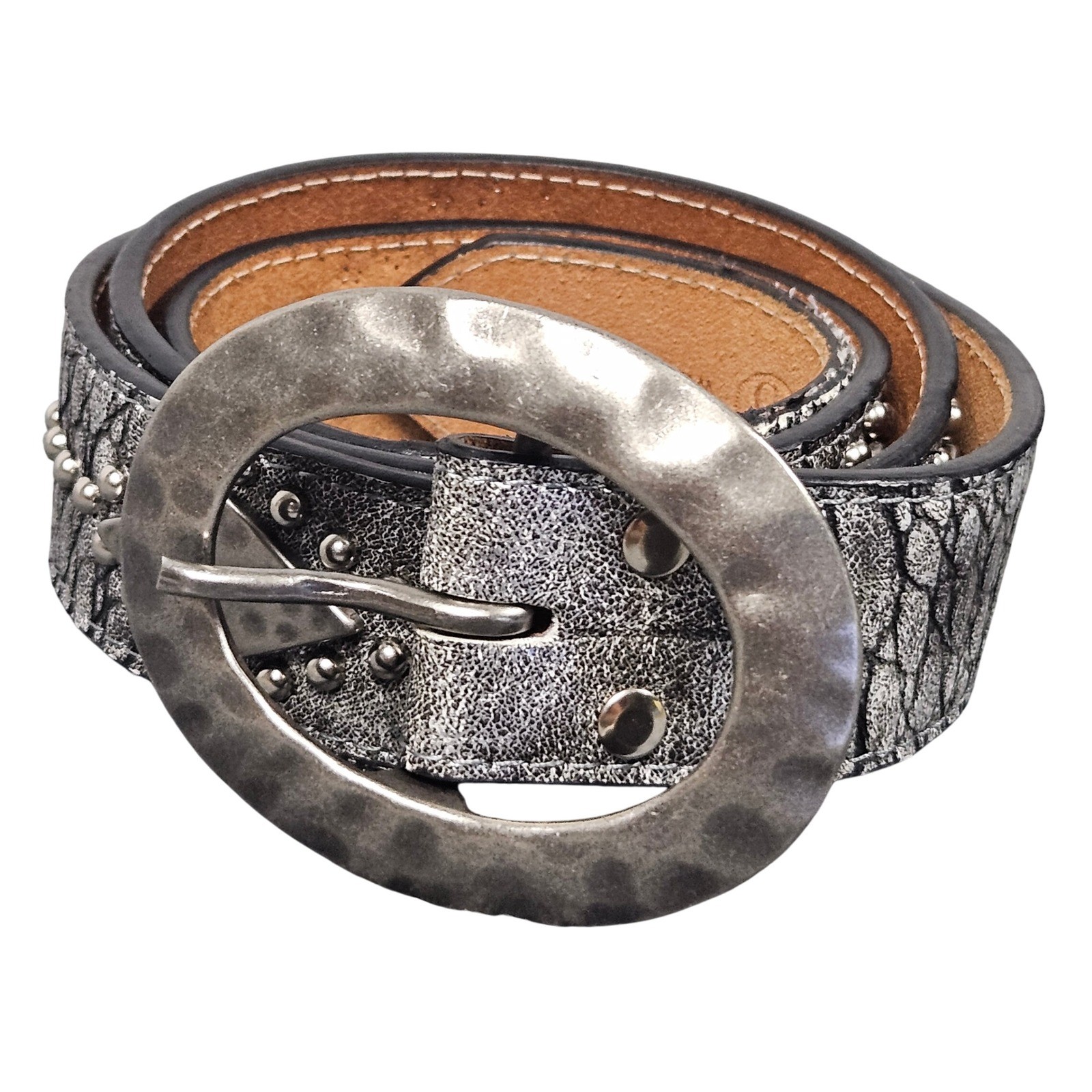 3D Leather Lined Western Belt XL Hammered Oval Buckle Studded Silver Cowboy