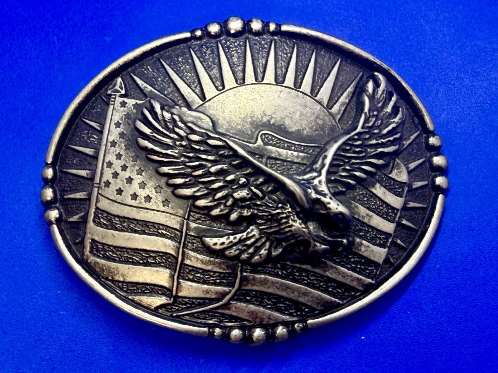 USA American Eagle Soaring Over Flag Sunrise Sunshine Patriotic Belt Buckle