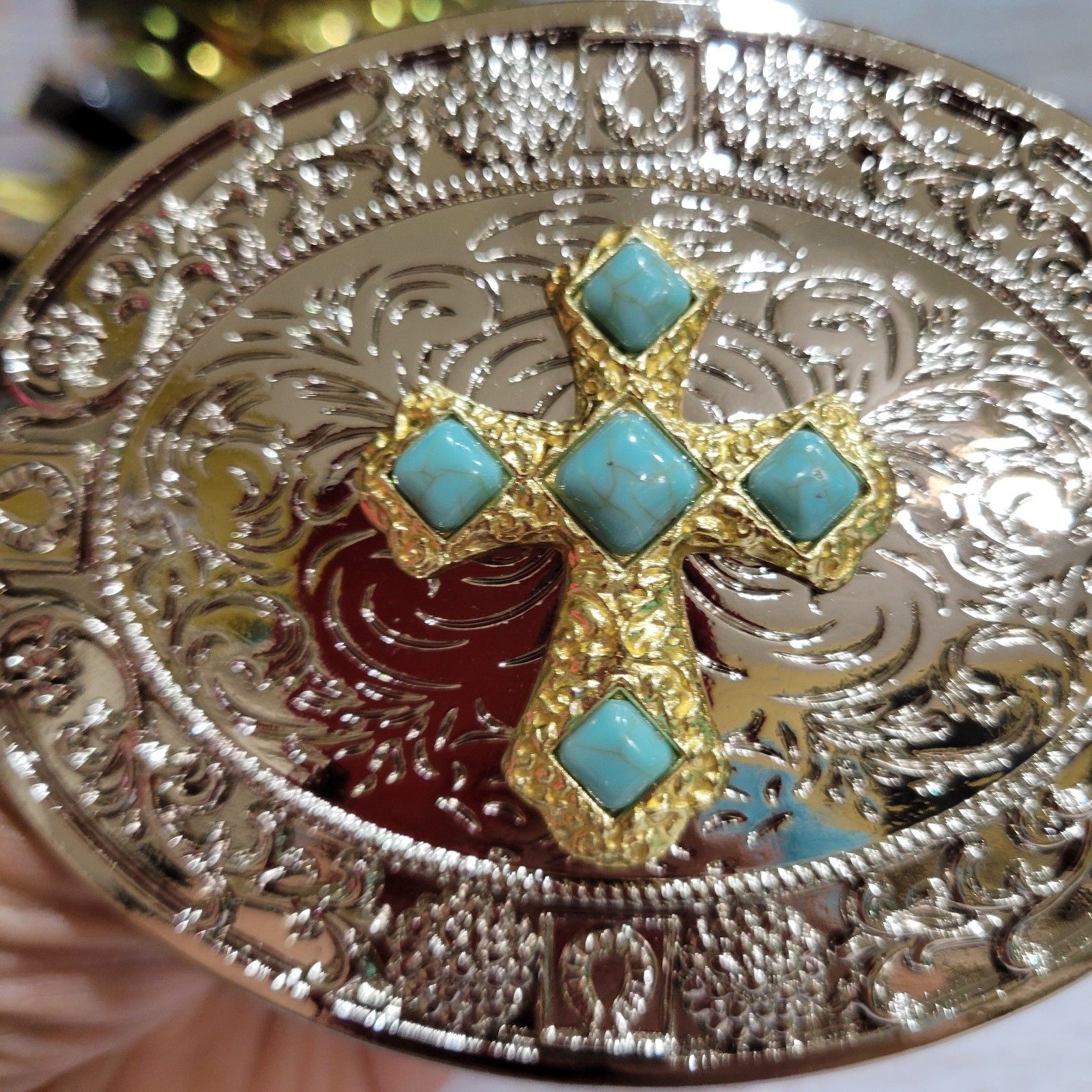 Cross Western belt Buckle Silver Oval Religious Gift Item With Blue Accents