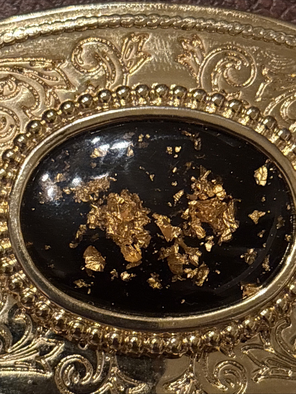 Western Style Gold Tone Belt Buckle With Gold Flecks in Black Resin