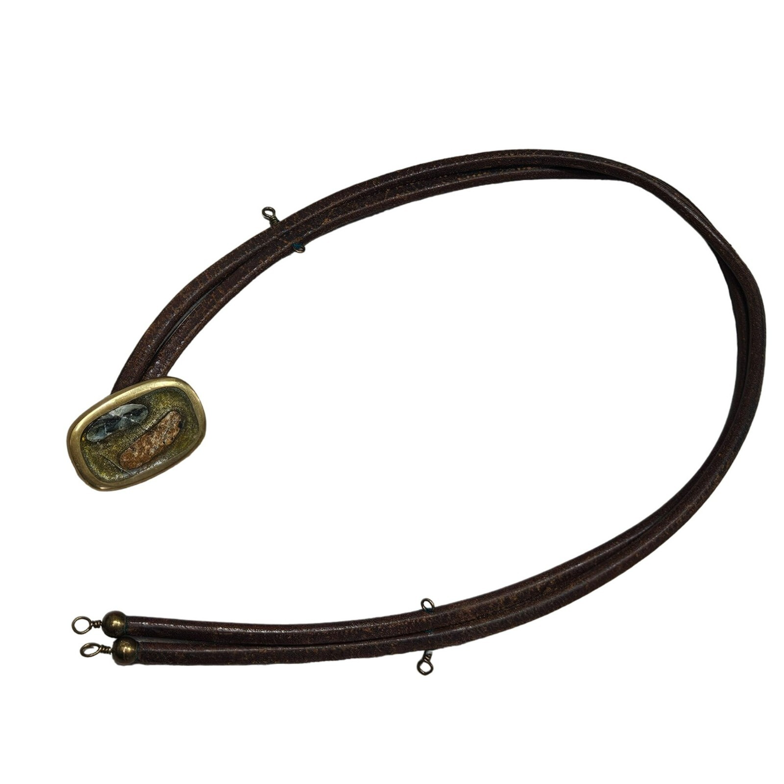 Brass Inlay Buckle Double-Layer Leather Belt Stone Accents Possibly Homemade