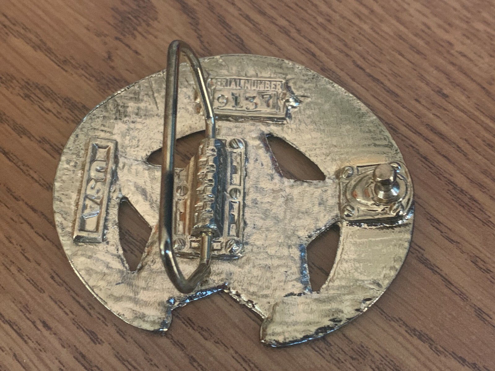 Lucky Horseshoe Belt Buckle with Gold Tone Metal Serial Number 9137 Western USA