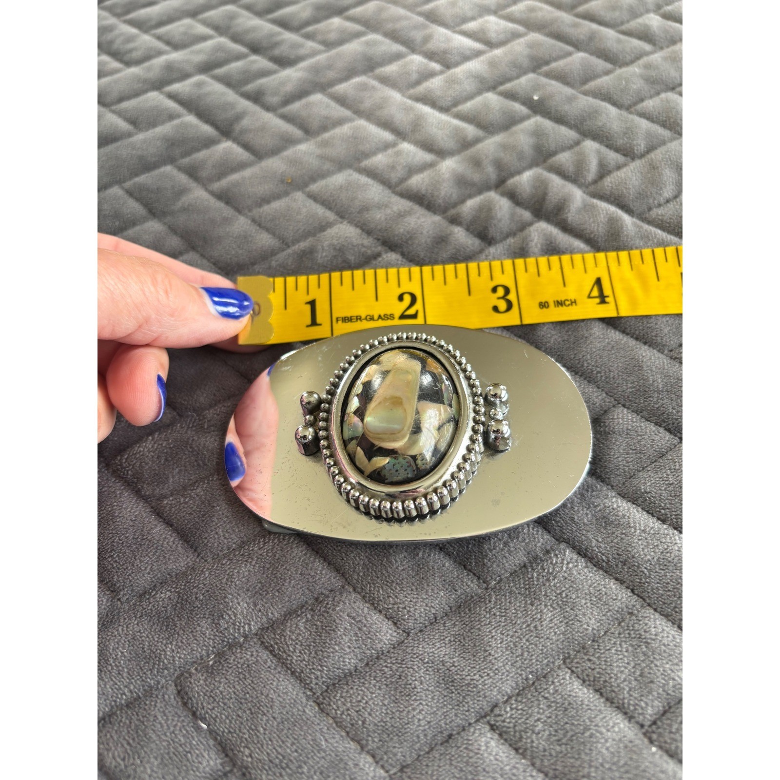 Vintage Silver Tone Abalone Shell Inlay Oval Belt Buckle Western Boho Iridescent