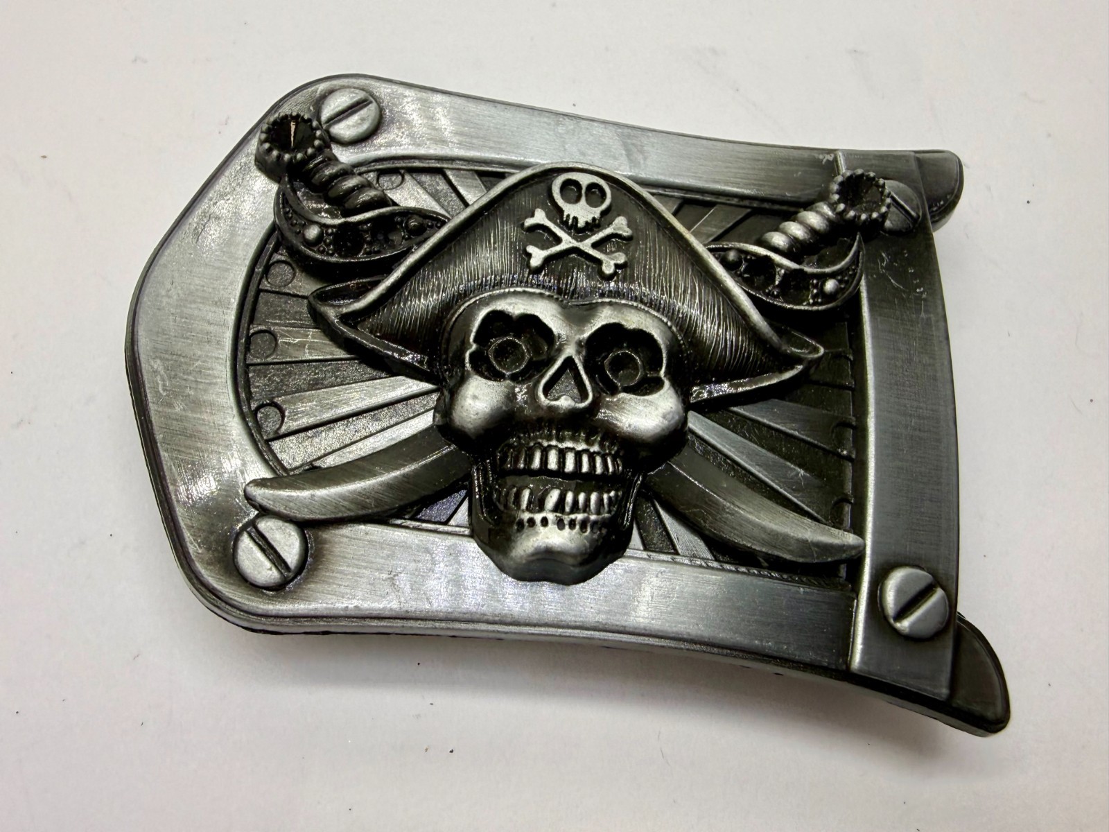 Pirate Skull Crossbones with Crossed Swords 3D Raised Silver Tone Belt Buckle
